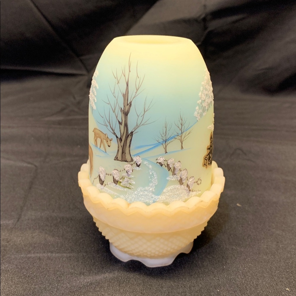 1979 Han Painted by S. Hart Fairy Lamp Winter Scene Snow Deer Fenton NO CHIPS. - Picture 10 of 10